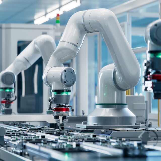 Advanced High Precision Robot Arm inside Bright Electronics Factory. Electronic Devices Production Industry. Component Installation on Circuit Board. Fully Automated Modern PCB Assembly Line. Advanced High Precision Robot Arm inside Bright Electronics Factory. Electronic Devices Production Industry. Component Installation on Circuit Board. Fully Automated Modern PCB Assembly Line.